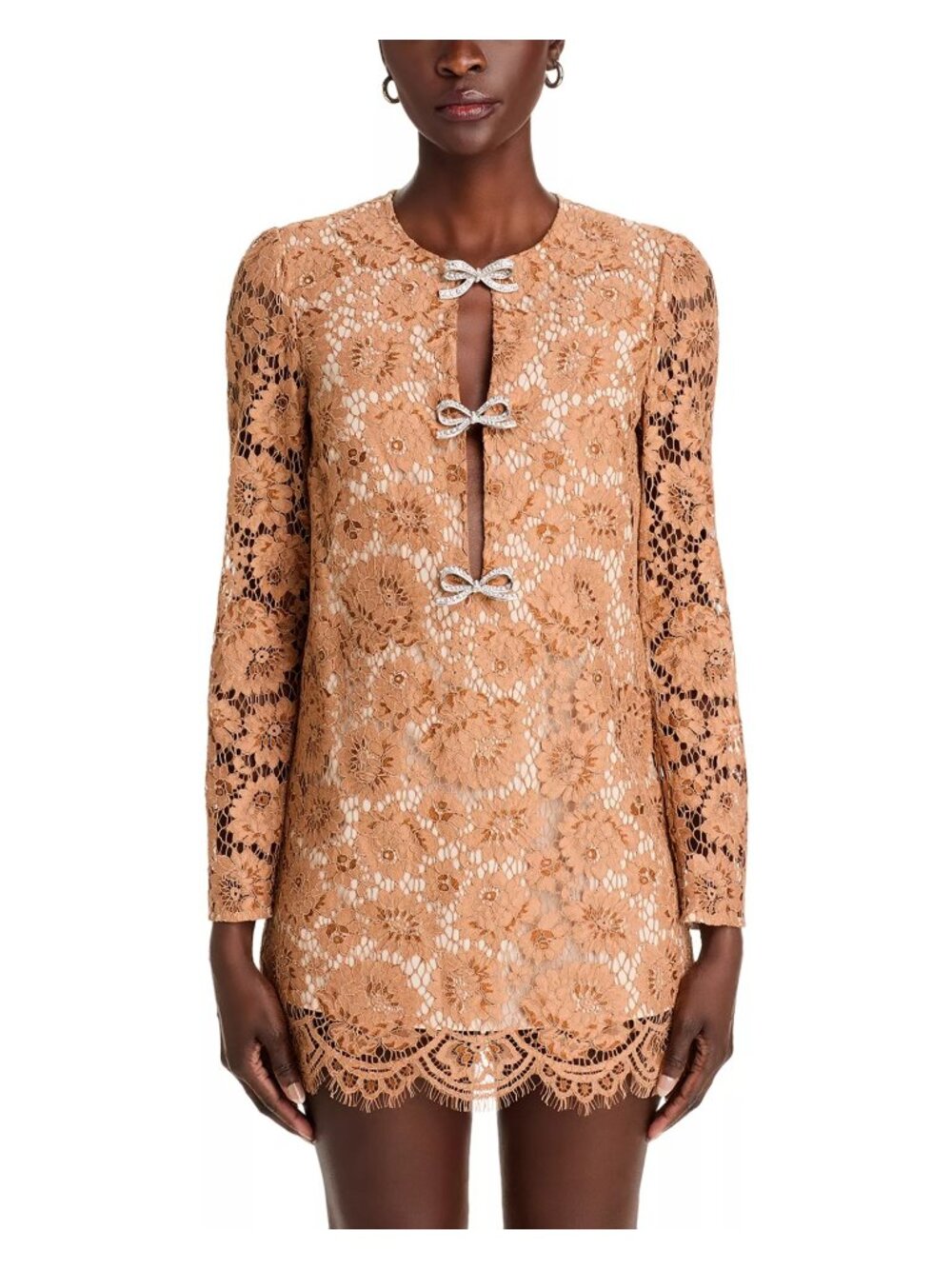 NWT Self Portrait Lace Embroidered Bow Mini Dress Beige Size 4 (missing lining).